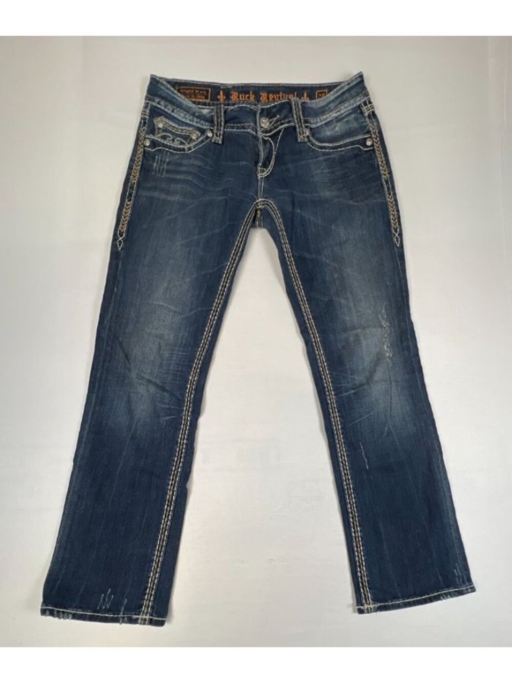 Rock Revival Women’s Size 28 Dara Capri Blue Denim Jeans Embellished Pockets